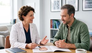 Man meets with female physician to discuss plastic surgery and cosmetic surgery options for a rhinoplasty and hair transplant. Photo Credit Google Gemini